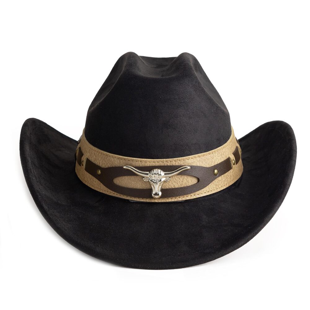 1199 Cowboy Hats Wide Brim Felt Hats with Cow Belt Buckle EE Black